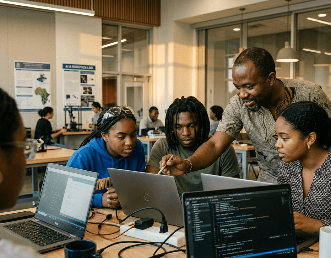 Mentor guiding students through AI exercises