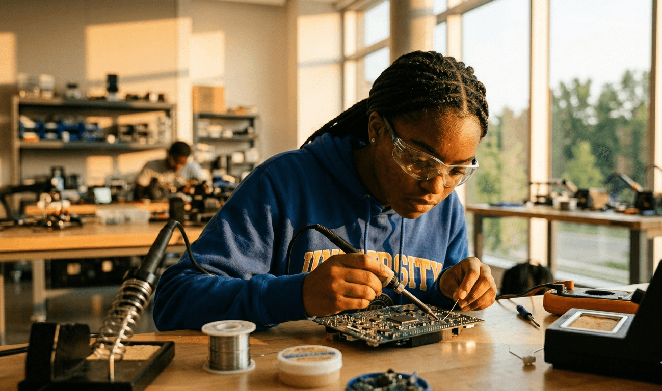African student soldering a circuit board